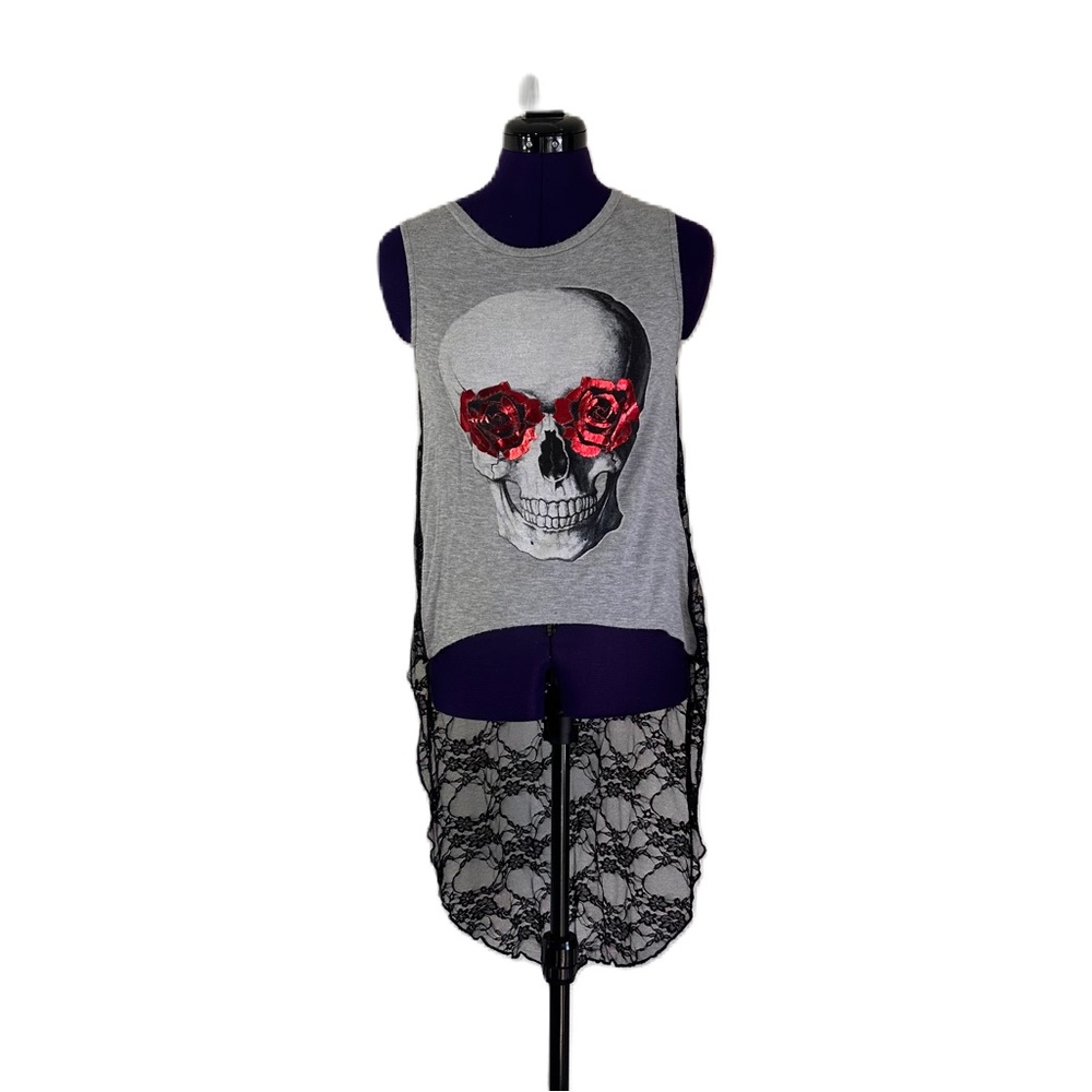 G by Guess Skull Metallic Red Rose Black Lace Top